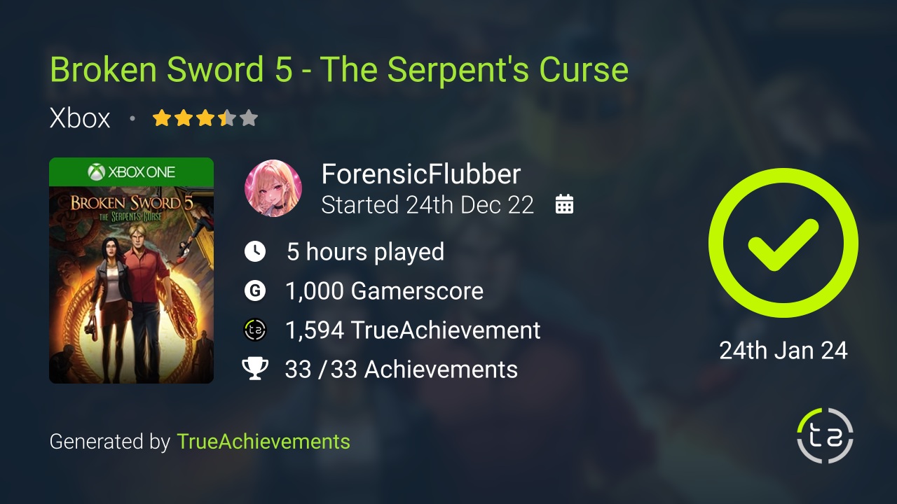 Broken Sword 5 - The Serpent's Curse achievement summary